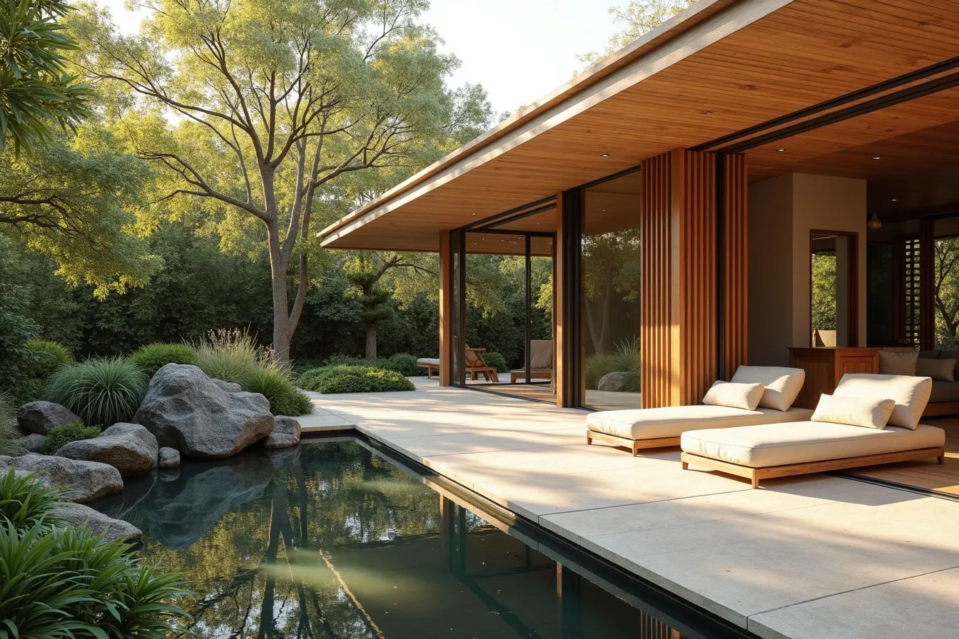 A modern garden pavilion overlooking a koi pond