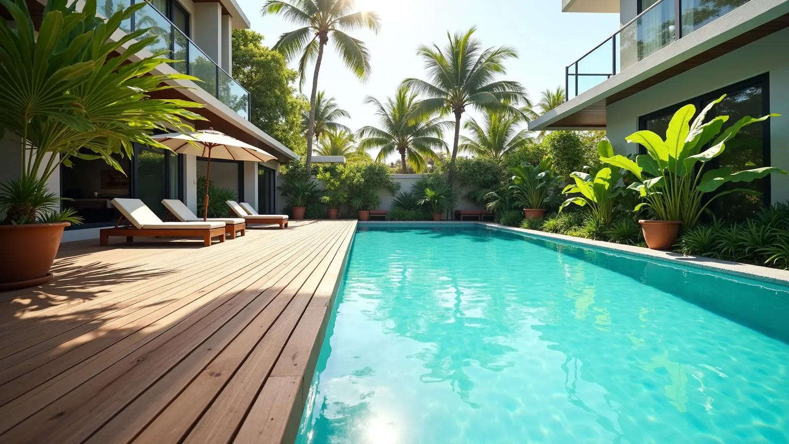 A premium tropical hardwood deck beside a turquoise pool