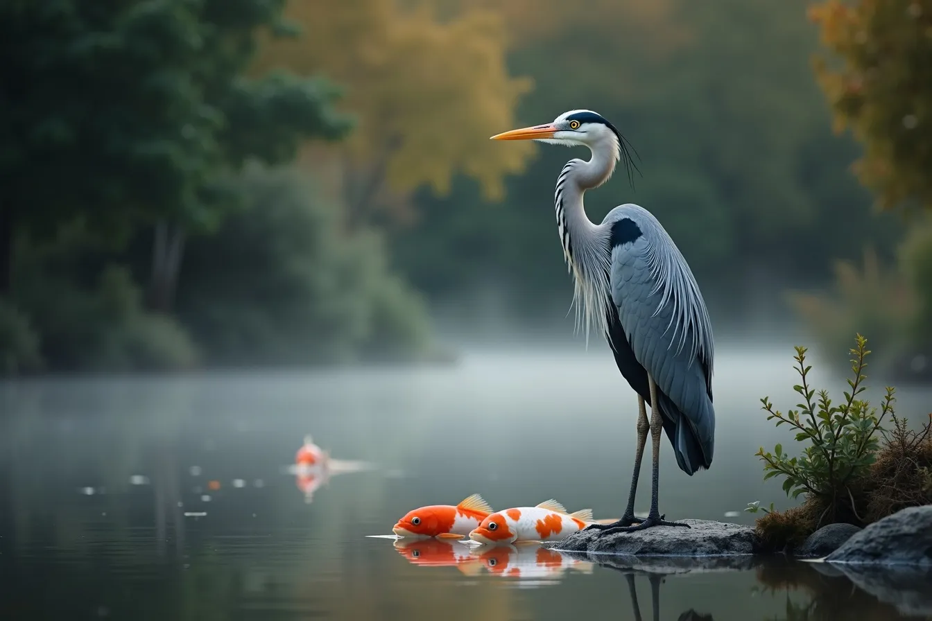 A grey heron at the misty edge of an ornamental pond at dawn