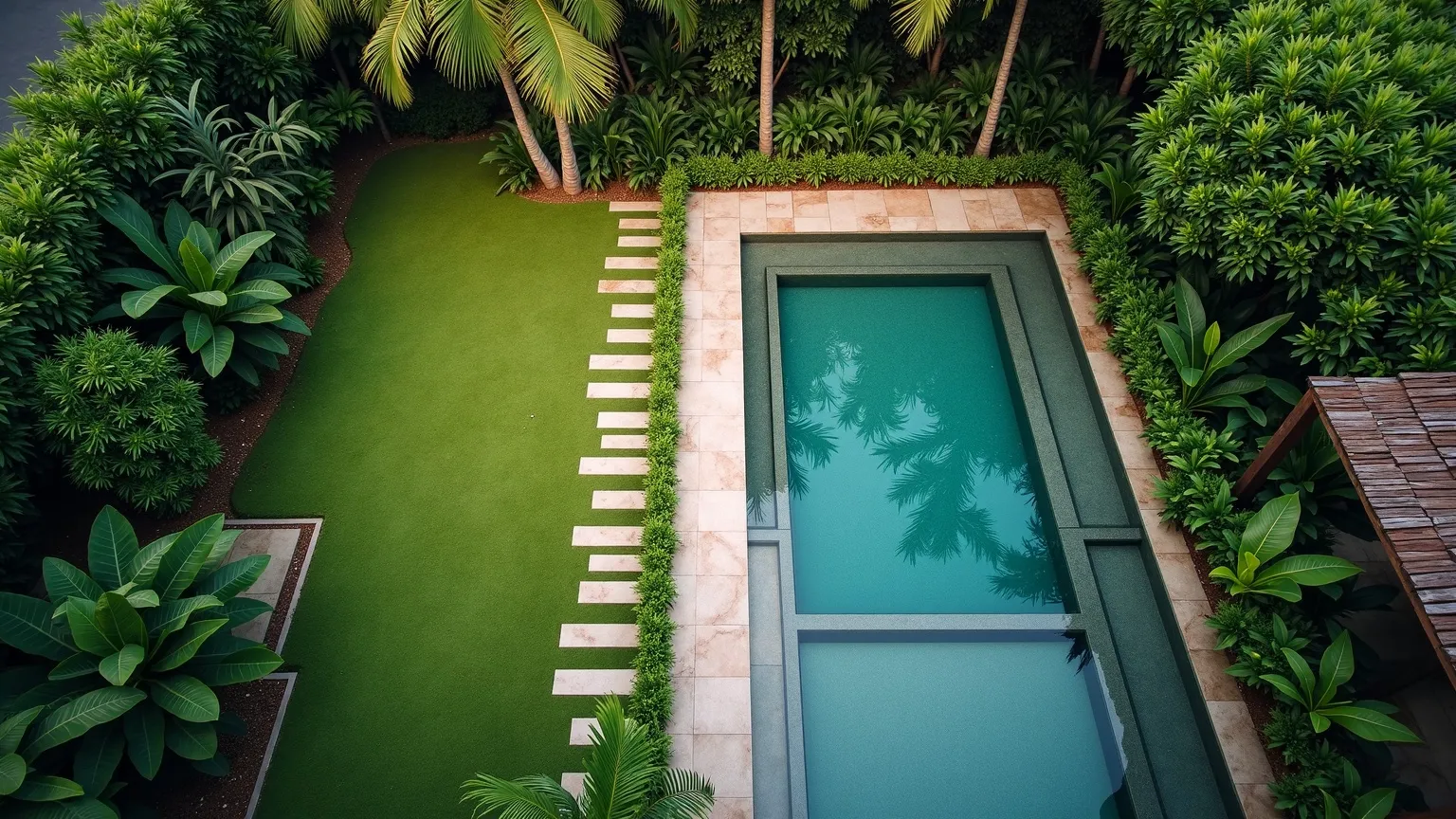An aerial view of an expansive luxury tropical landscaped garden with a pool and koi pond