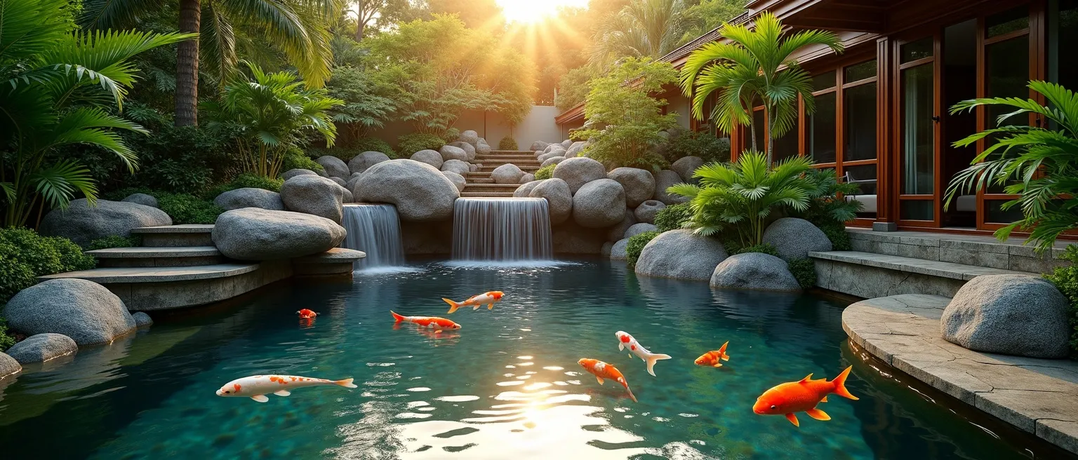 A Japanese koi pond with a stone waterfall in a luxury Singapore bungalow garden at golden hour