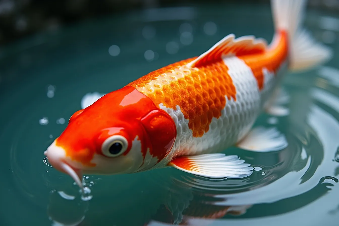 A Kohaku koi breaking the still surface of a pond