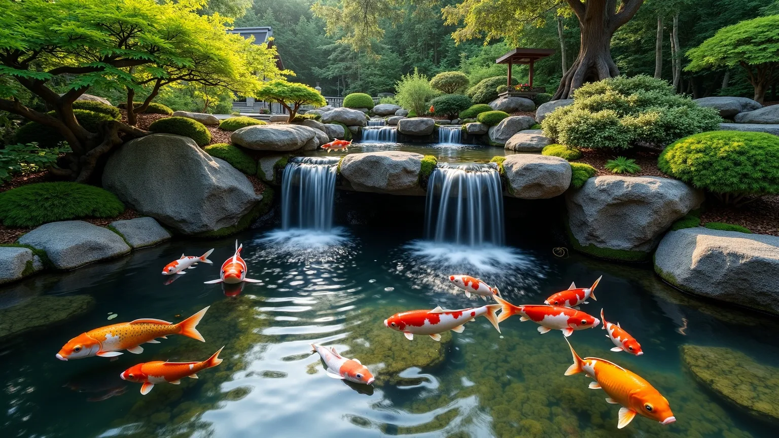 A luxury Japanese koi pond with a multi-tier rock waterfall