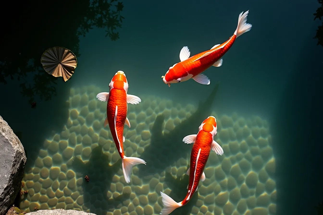 Koi swimming in crystal-clear water over a clean pebble bed, seen from above