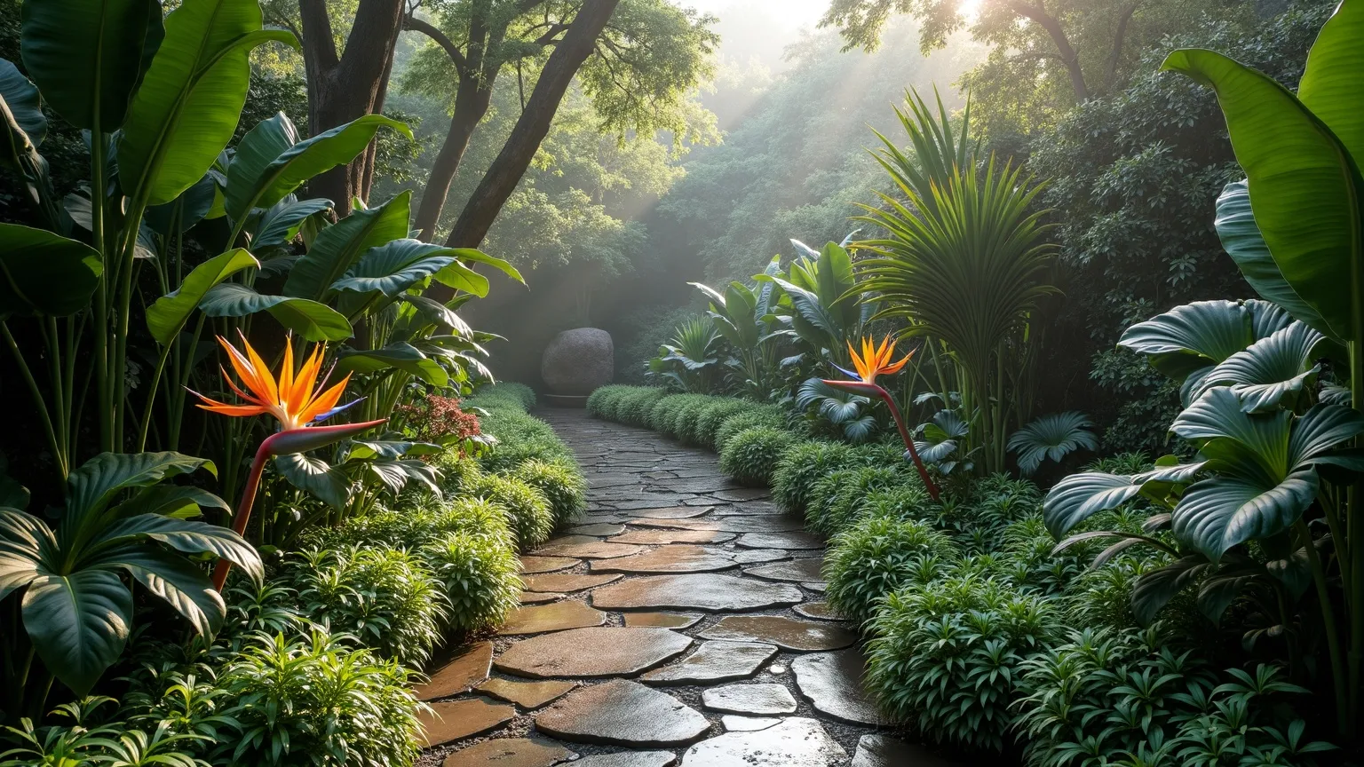 A layered tropical luxury garden with a winding stone path