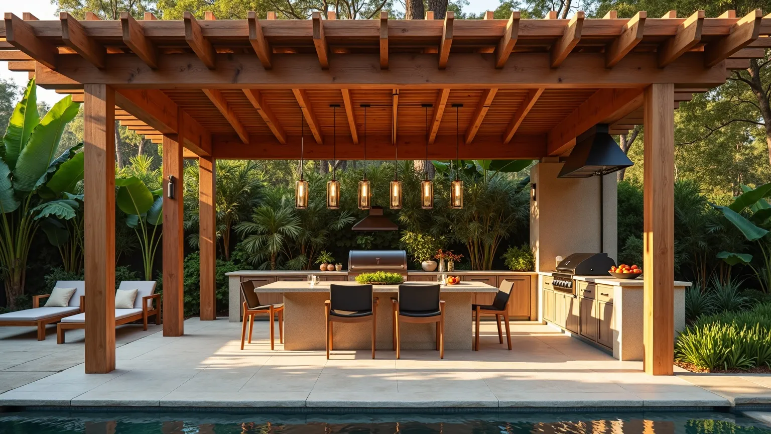 A timber pergola with an outdoor kitchen in a tropical garden