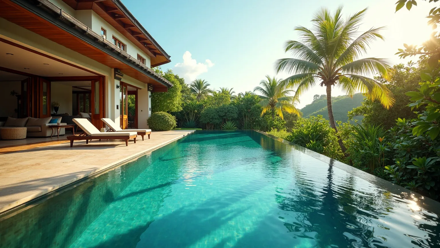An infinity-edge swimming pool overlooking tropical greenery