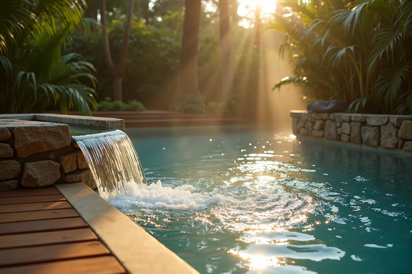A sculptural stone spillway spilling a thin sheet of water into a luxury pool