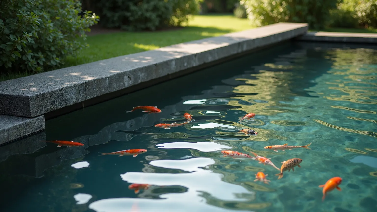 A brushed stainless-steel protective grille elegantly integrated into a luxury koi pond