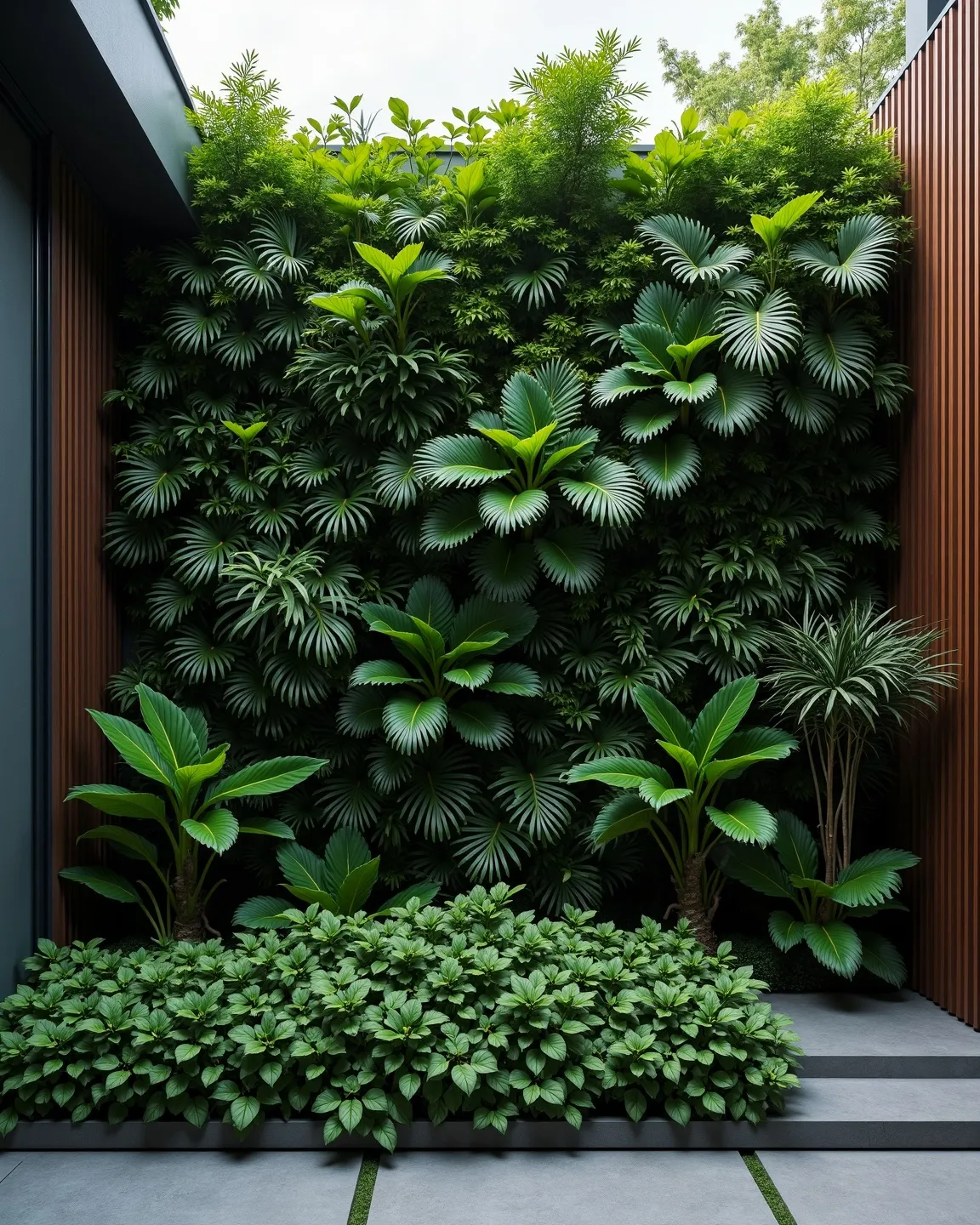 A lush vertical green wall of dense tropical foliage on a modern home